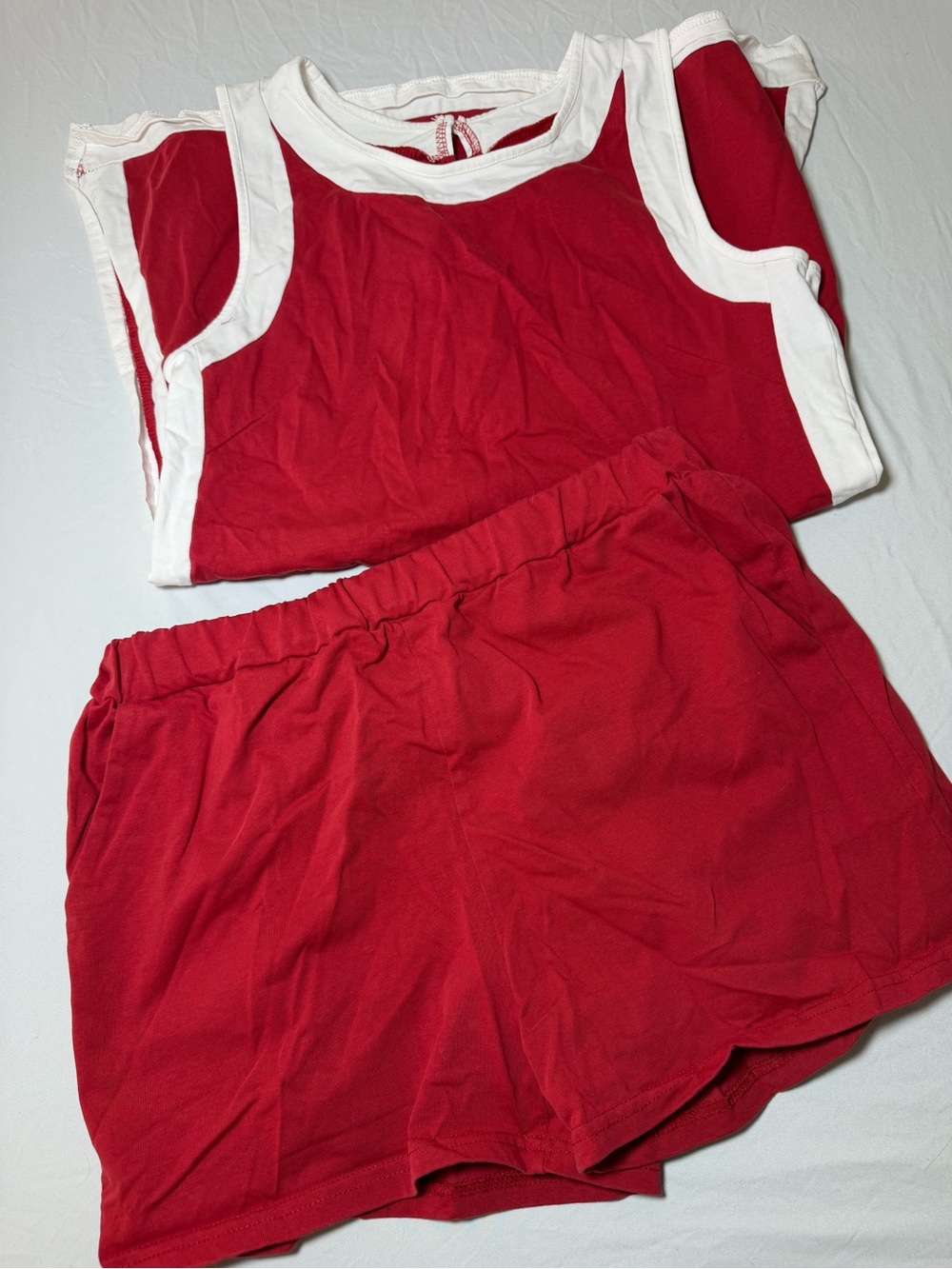 Women’s Red&White Cotton Knit Sleepwear Set Sleeveless Round Neck Shorts 2Pc Set